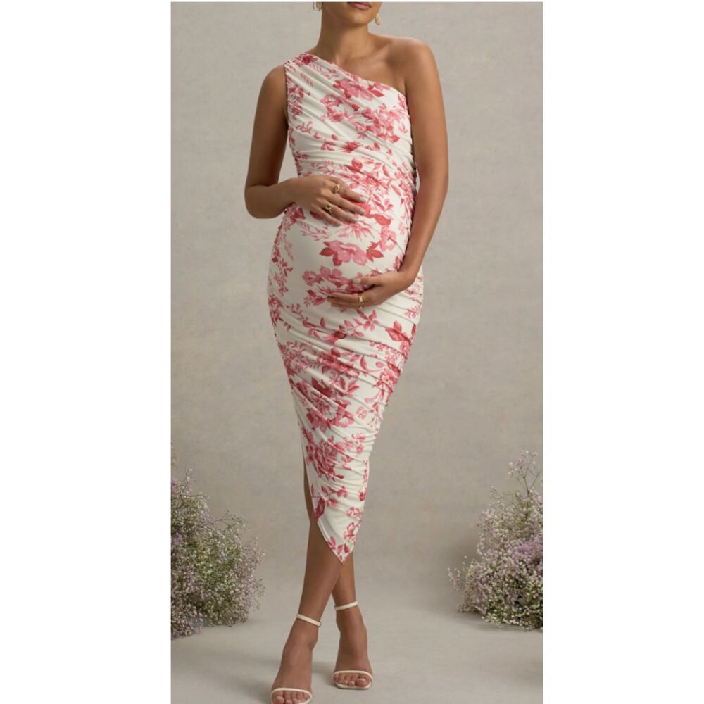 Club London Late Night Pink Floral Print Maternity Ruched Midi Dress. US Sz 8